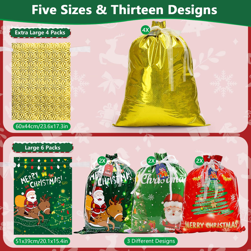 Koncci 32Pcs Drawstring Christmas Bags, Assorted Sizes Large Medium Small
