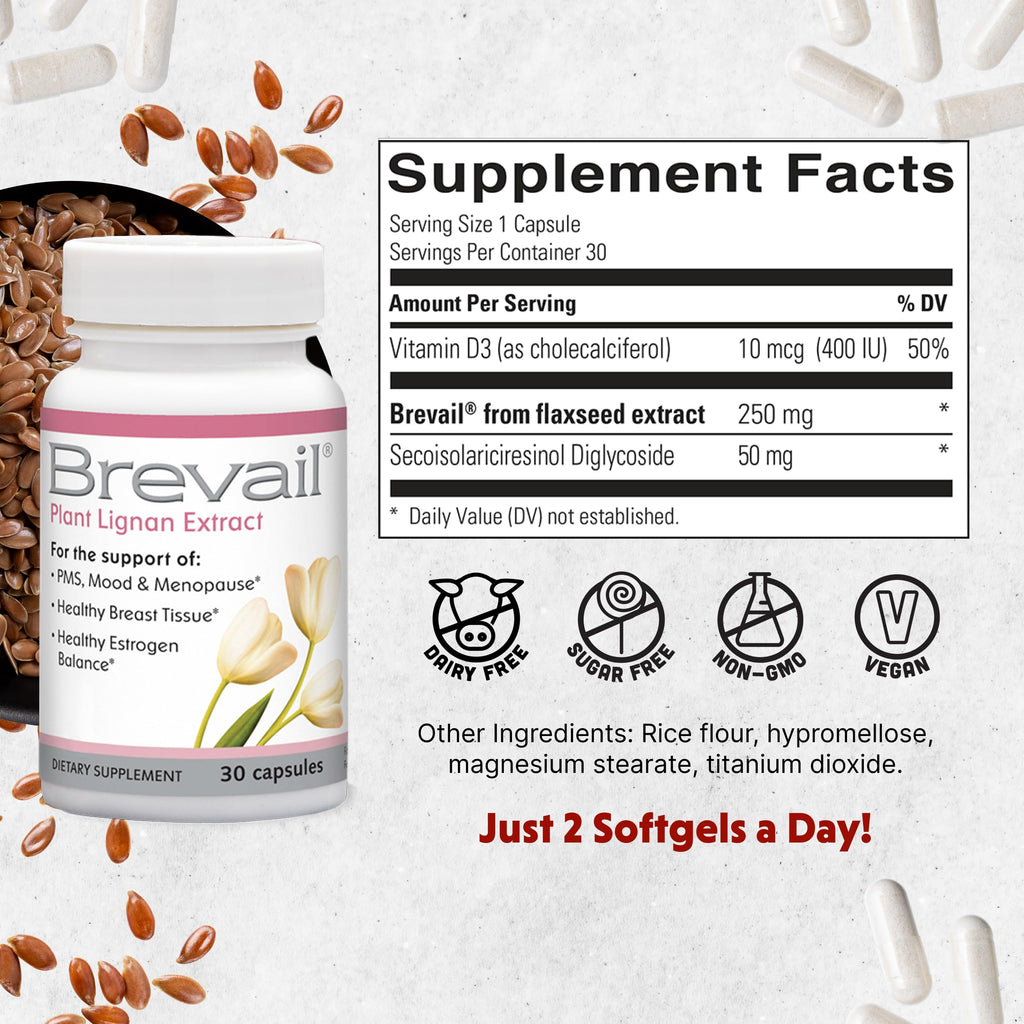 Barlean's Brevail Plant Lignan Extract Supplements, Women's Breast Health Supplement Capsules for Healthy Estrogen Balance, Vegan and Non-GMO, 30 Count
