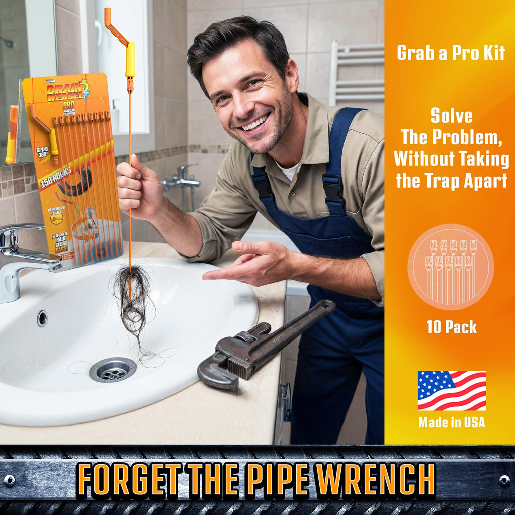 FlexiSnake Pro Drain Weasel Sink Snake Hair Clog Remover Tool, Sink, Pipe, Bathroom, Bathtub Drain Cleaner, 18-inch Long, Flexible, Made in The USA, 10 Pack Reusable Wands and Removable Handle