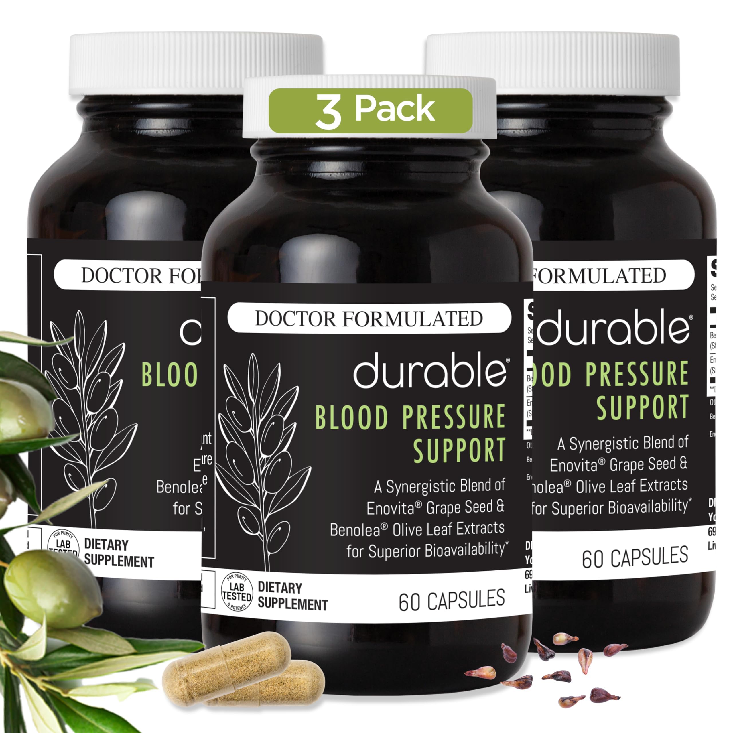 Durable Blood Pressure – Benolea Olive Leaf & Enovita Grape Seed Extract – Healthy Circulation, Nitric Oxide & Artery Support – Doctor Formulated, Vegan, Non-GMO, Made in USA (180 Capsules)
