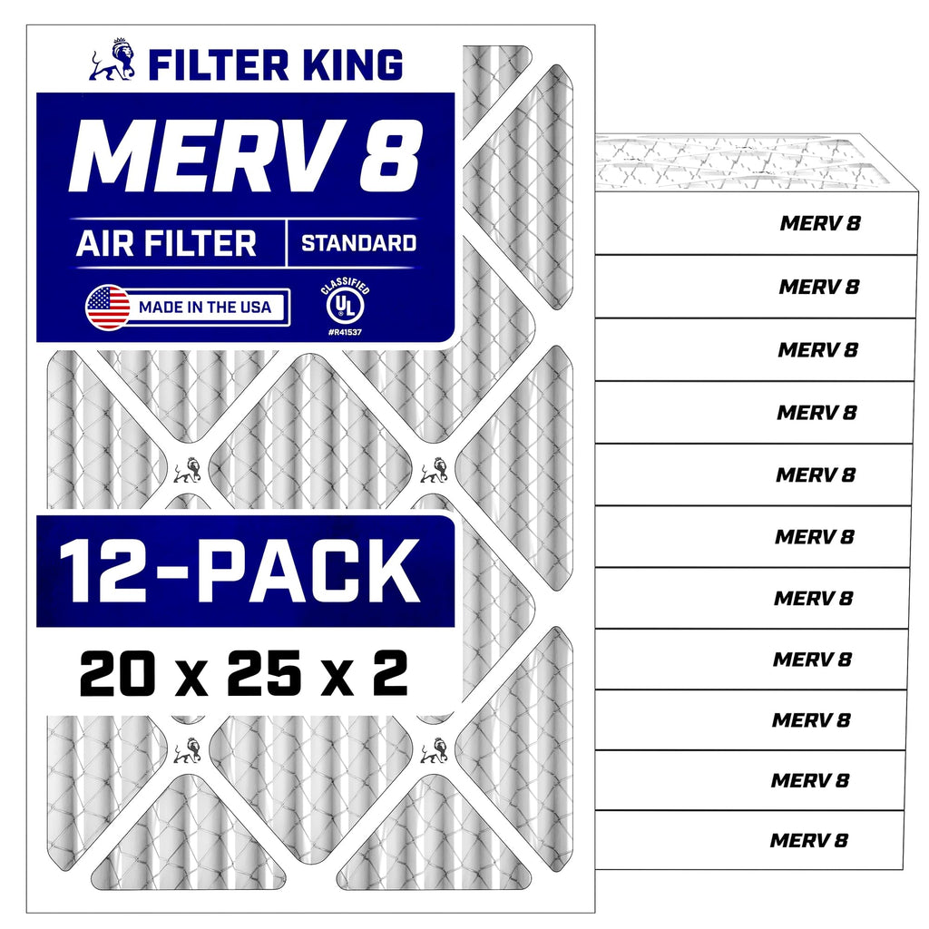 Filter King 20x25x2 Air Filter (MERV 8) (12-Pack) Dust & Allergy Control AC Furnace Filters, MADE IN USA, HVAC, Pleated, Electrostatic (Actual Size: 19.5 x 24.5 x 1.75)