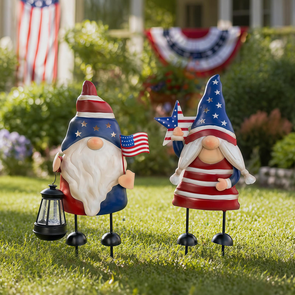 HONGLAND Solar Patriotic Gnomes Garden Stakes - 4th of July Decorations 25" American Flag Garden Gnomes Outdoor Decor for Outdoor & Memorial Day Yard Art 2 Pack
