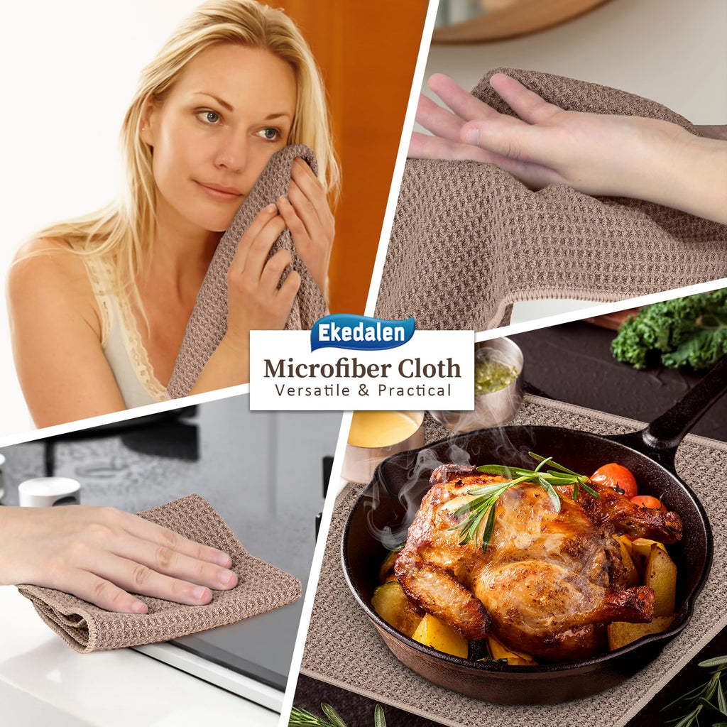 Ekedalen Microfiber Cleaning Cloth Waffle Weave for Dusting Absorbent Towel Quick Drying Dust Rags Household Kitchen, Lint Free Streak Free, 6 Pack,12 x 12 Inches, Khaki