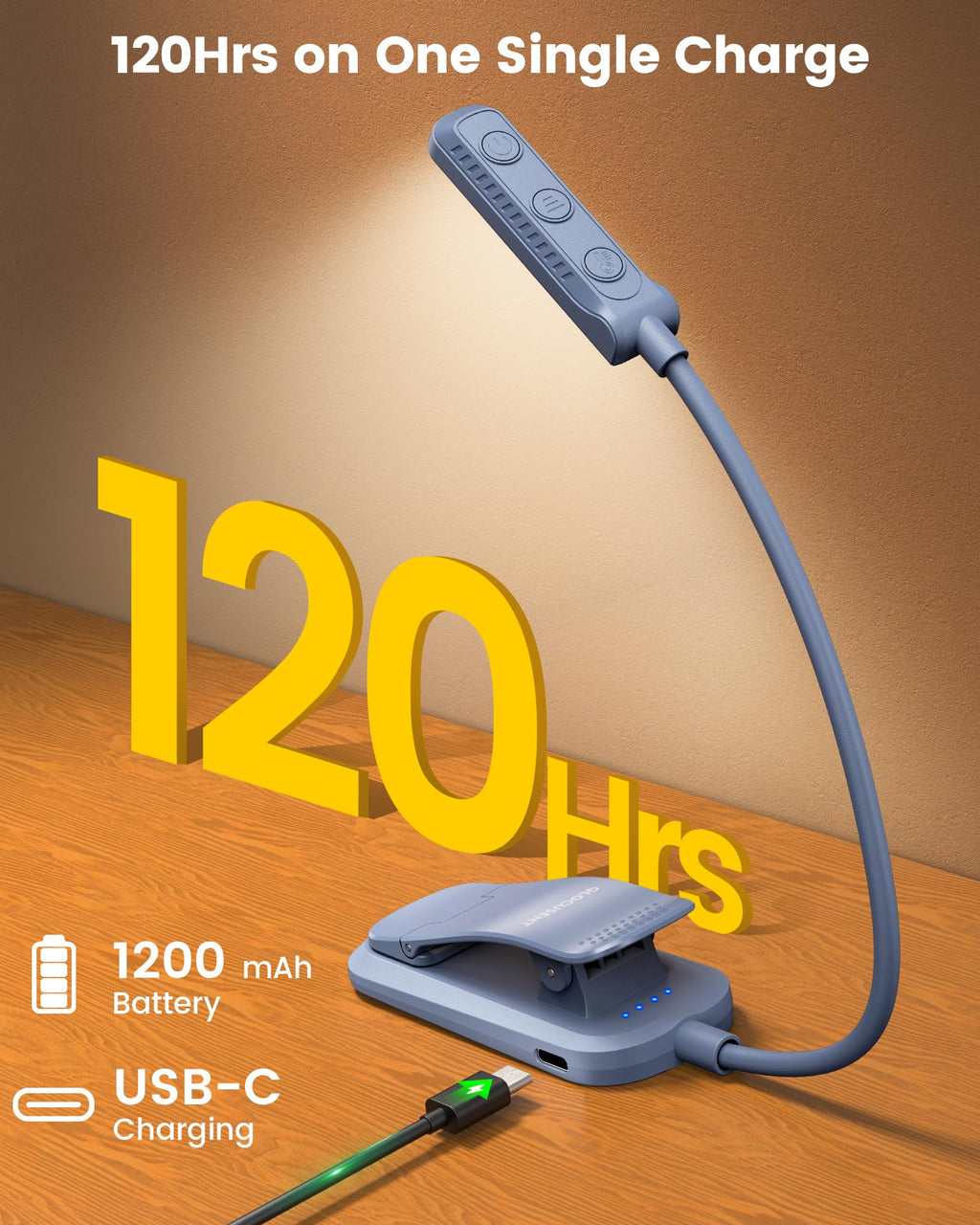 Glocusent 13 LED Rechargeable Book Light for Reading at Night, Eye-Caring 3 Amber Colors & Stepless Dimming, Lasts 1 Week to 2 Months, Travel Clip on Lamp, Gifts for Book Lovers, Men, Women & Kids
