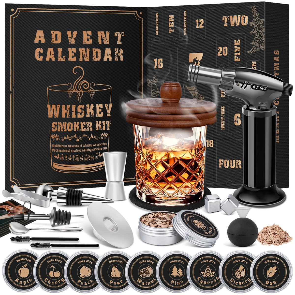 Whiskey Advent Calendar 2026 for Men, 24 Day Bourbon Smoker Infuser Kit for Cocktail and Whisky Lovers, Perfect Christmas for Husband, Dad, Boyfriend, Him(NO Butane, Glass)