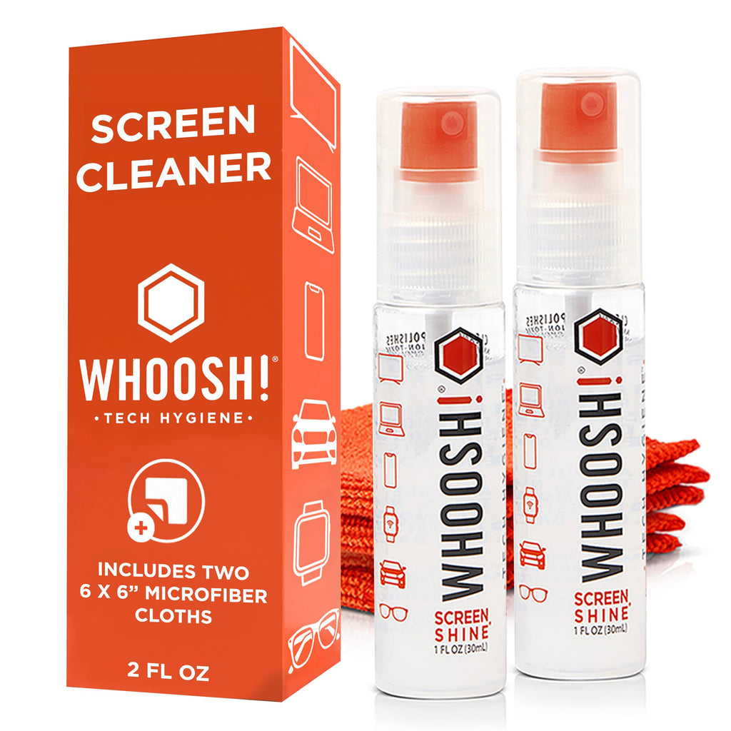 WHOOSH! Screen Shine Go 2-Pack – Two 1 fl oz Refillable Touchscreen Cleaners with Microfiber Cloths for Car, iPad, Laptop and Eyeglasses – Powerful Streak-Free Cleaning – Pocket-Sized, TSA-Approved
