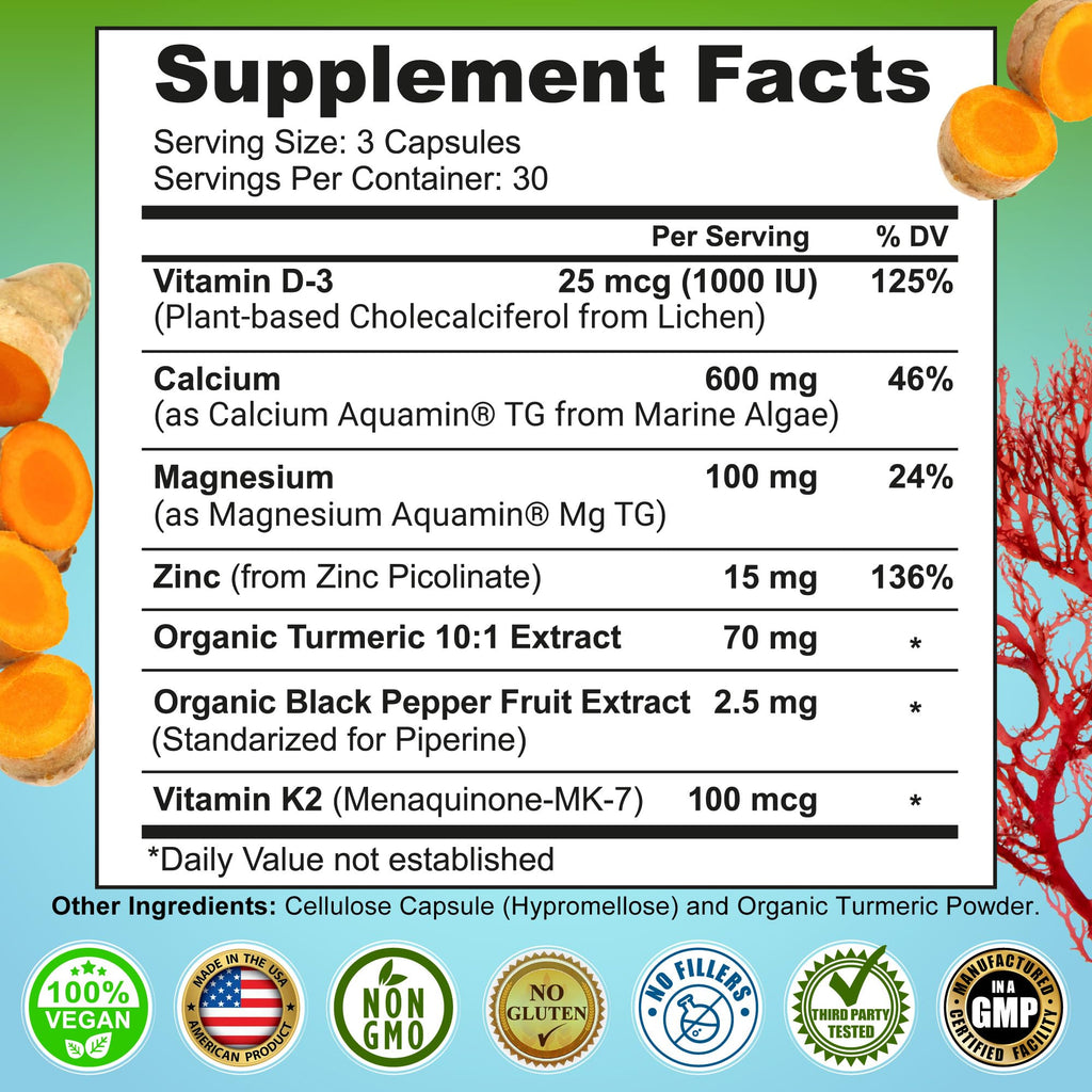 Plant-Based Calcium 600mg (Aquamin) – Vegan Calcium Magnesium Zinc D3 with Vitamin K2 & Organic Turmeric – Enhanced Bone and Muscle Health & Strength, Immune Support for Women & Men - 90 Count