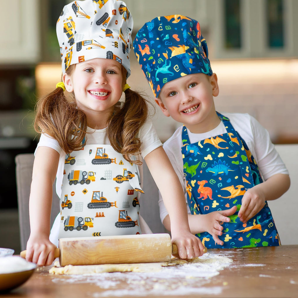 GROBRO7 4Pcs Kids Apron and Chef Hat Set Gift for Girls Boys, Dinosaurs Construction Vehicles Adjustable Kitchen Cooking Child Aprons with 2 Pockets Waterproof Smocks for Baking Painting Crafting