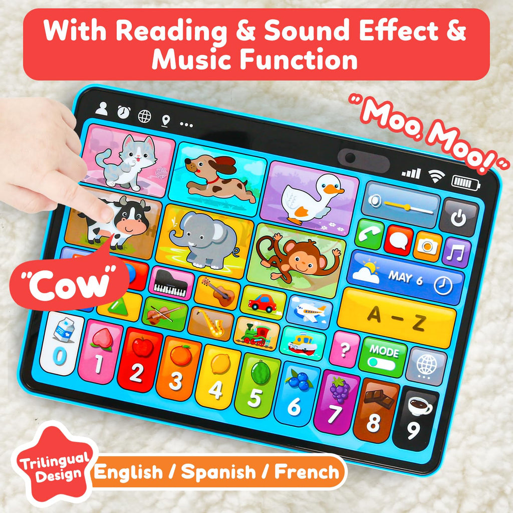 Learning Tablet for Toddlers 1-3 Trilingual Learning Toys with Music & Sound, Montessori Speech Therapy Toys for 1 Year Old Boy Girl Musical Baby Toys 12-18 Months Toddler Toys Age 1-2 2-3 Gifts