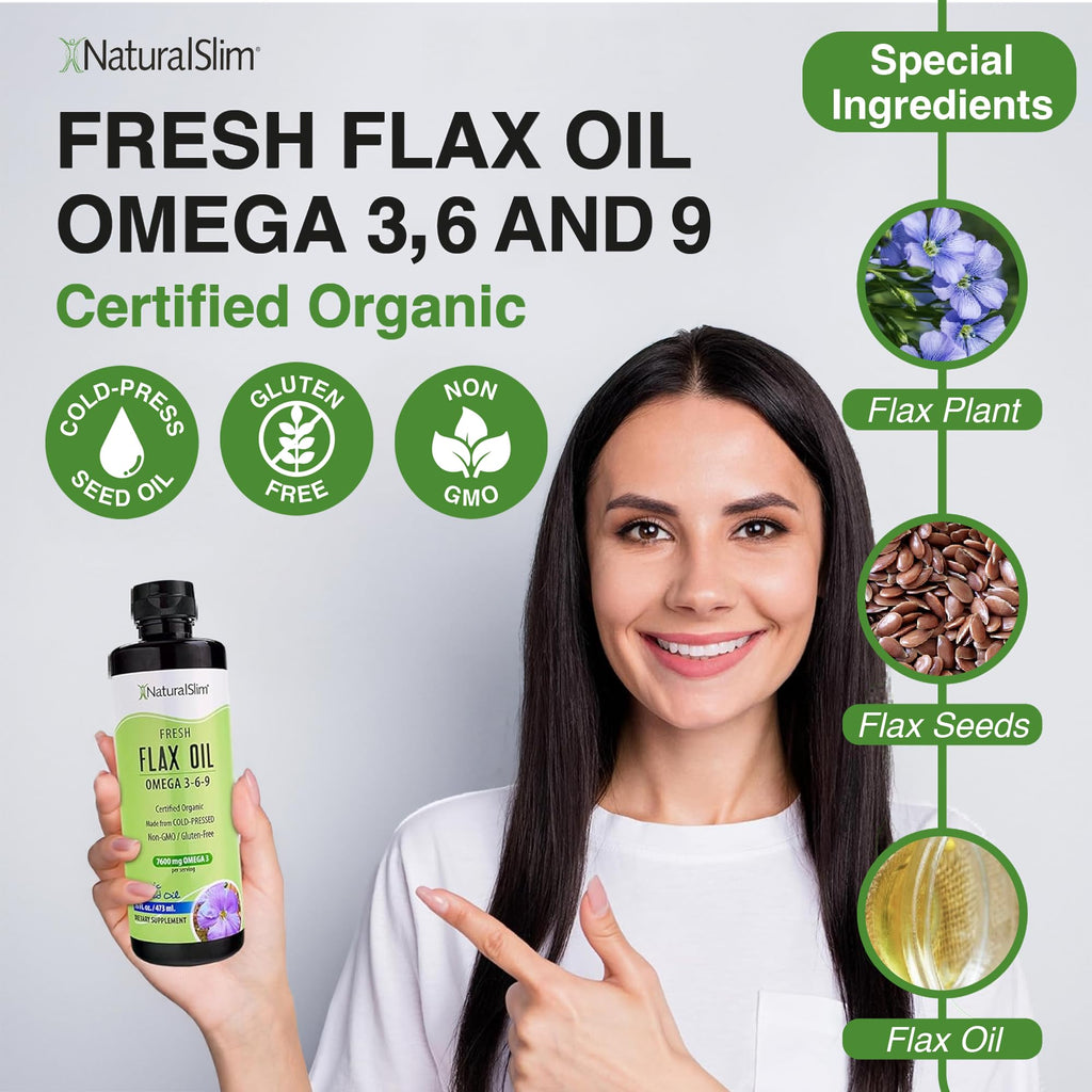 NaturalSlim Flaxseed Oil Liquid Fresh Taste Flax Oil Organic Cold Pressed & High in Omega 3 6 9 Fatty Acid Flax Seed Supplement for Healthy Cells, Hair, Skin, & Nails - Fresh Taste 16 fl. Oz.