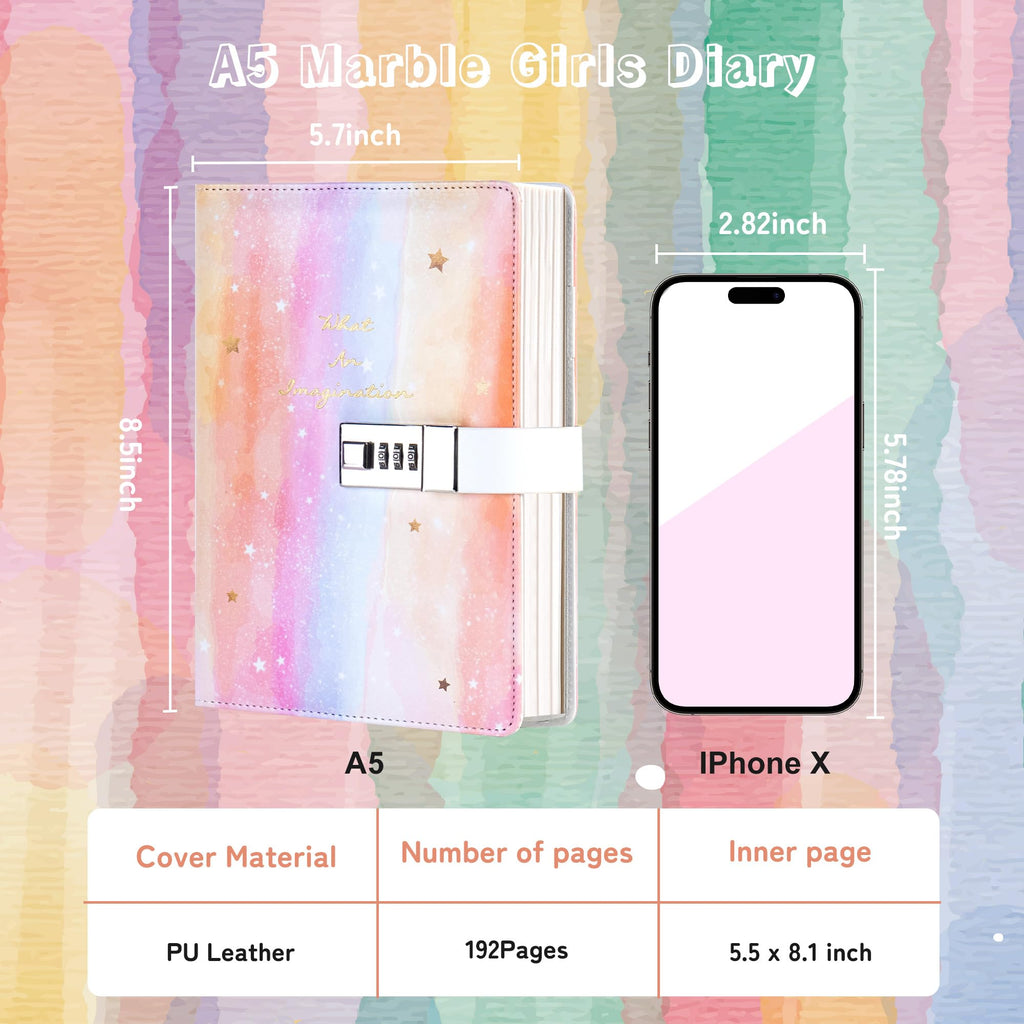 CAGIE Diary with Lock for Girls Age 8-12,Birthday Gifts for 9 10 11 12 Year Old Girls, Tie Dye Design 192 Pages Diary with Pen, 5.7 x 8.5 Inch Journal with Lock for Women Girl (Orange)