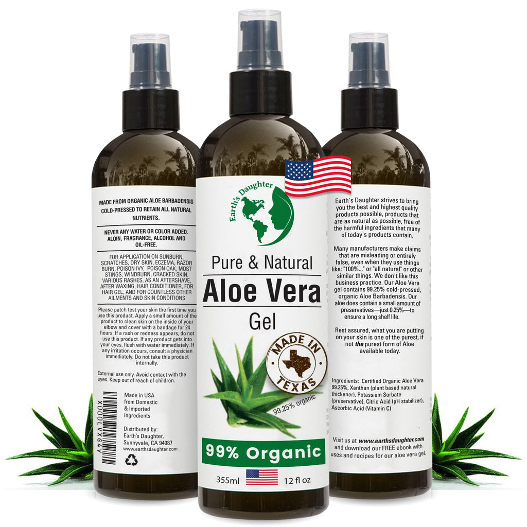 Earth's Daughter Organic Aloe Vera Gel from 100% Pure and Natural Cold Pressed Aloe – Moisturizes - Great for Face - Hair- Sunburn - Aftershave - Bug Bites - 12 oz.