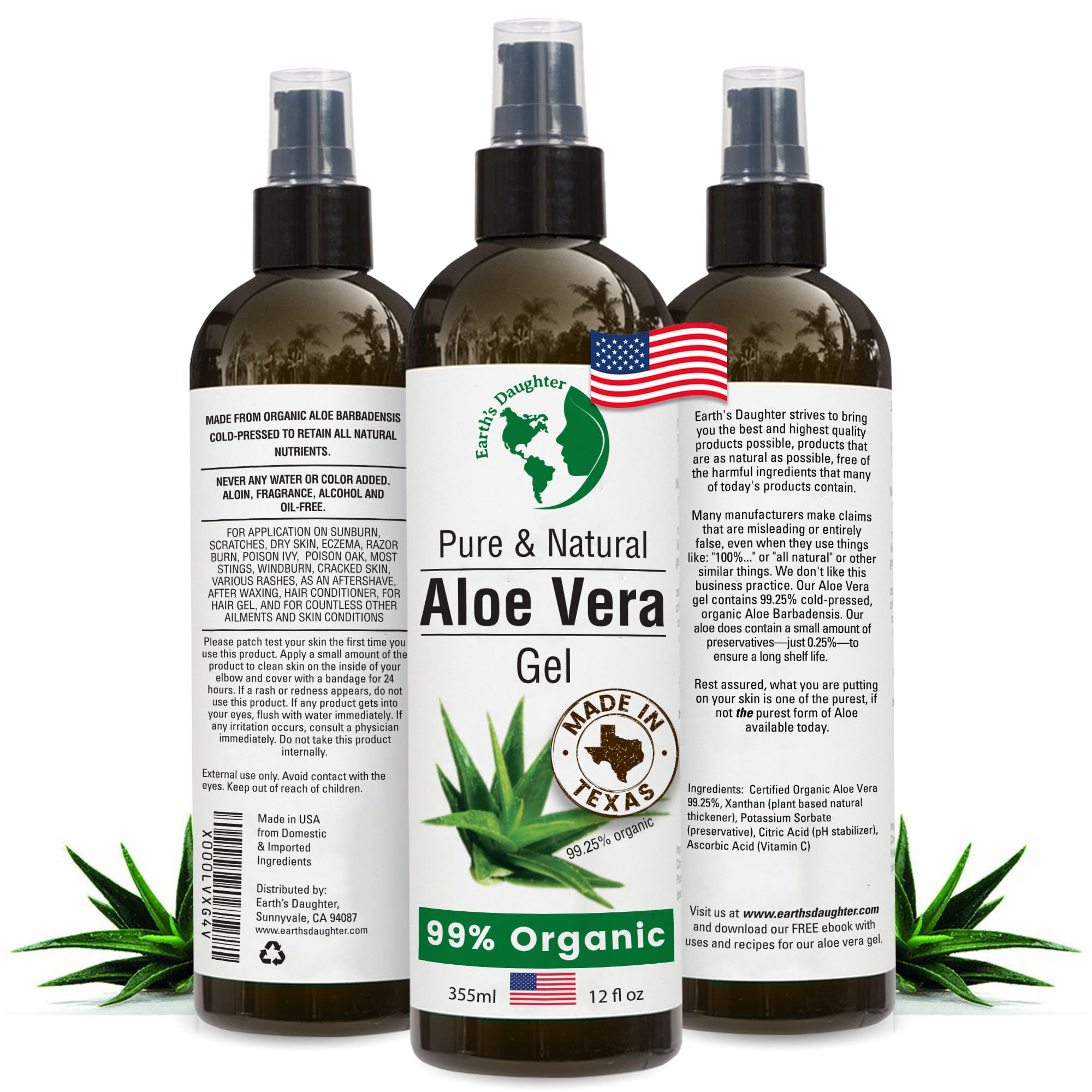 Earth's Daughter Organic Aloe Vera Gel from 100% Pure and Natural Cold Pressed Aloe – Moisturizes - Great for Face - Hair- Sunburn - Aftershave - Bug Bites - 12 oz.