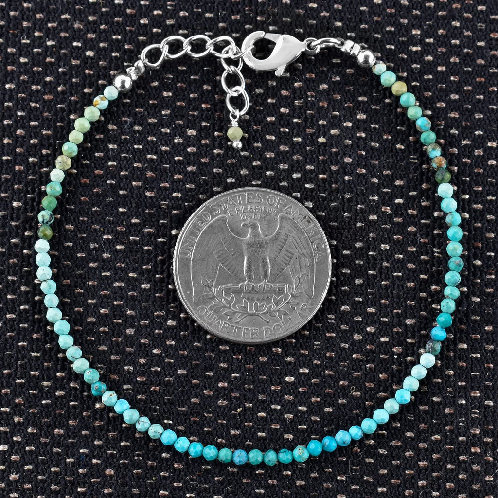 YANARA Real Turquoise Bracelet For Women Genuine Gemstone, Natural December Birthstone, Handmade Simple Bracelet, Gorgeous Micro Beads Chakra Jewelry, Crystals Silver Plated Chain 8 inch