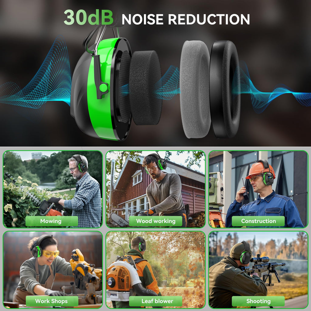 2025 AM/FM Radio Ear Protection Headphones with Backlit Digital Display, 120H Working Time, Rechargeable Hearing Protector, 30dB Noise Reduction Safety Earmuffs for Mowing, Construction, Work, Green