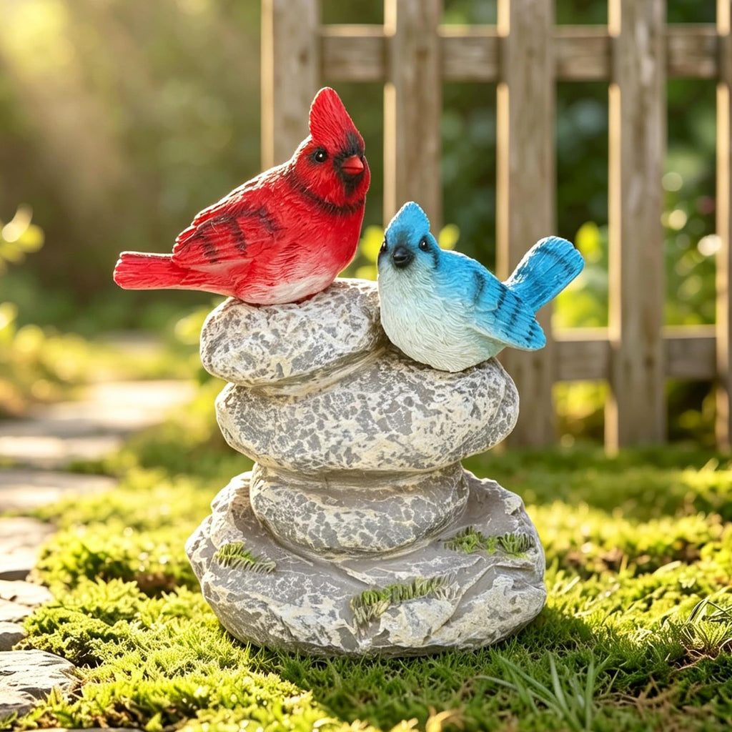 Solar Bird Garden Statue, Cardinal & Bluebird Outdoor Figurine Decor