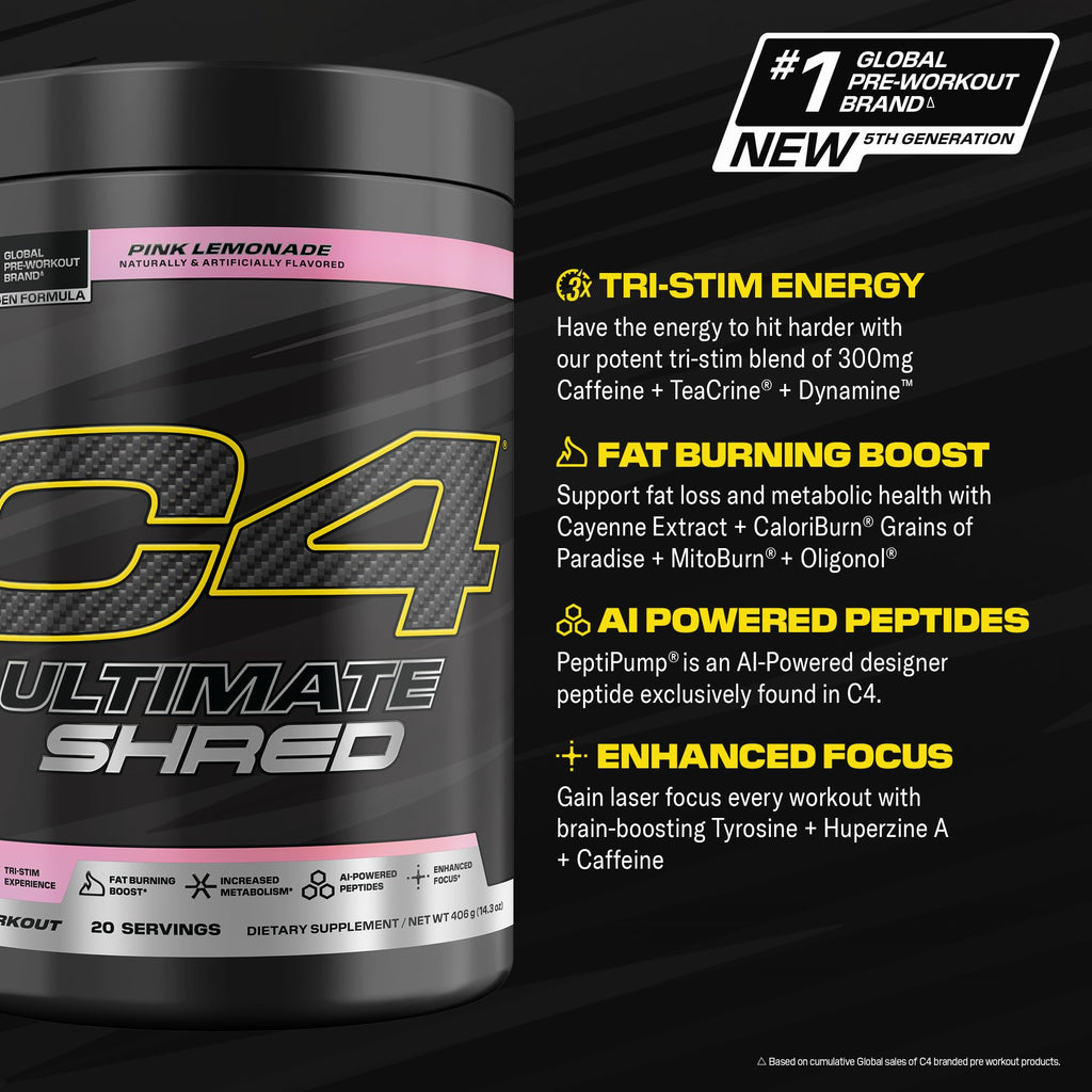 Cellucor C4 Ultimate Shred Pre Workout Powder, Metabolism Supplement with Cayenne Extract+300mg Caffeine+TeaCrine+Dynamine - Pink Lemonade, 20 Servings