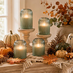 Lezonic Green Glass Flameless Candles with Remote, Set of 4 Dancing Flame LED Pillar Candles, Real Wax Battery Operated Candles with 2/4/6/8H Timer, Fall Halloween Thanksgiving Christmas Decor