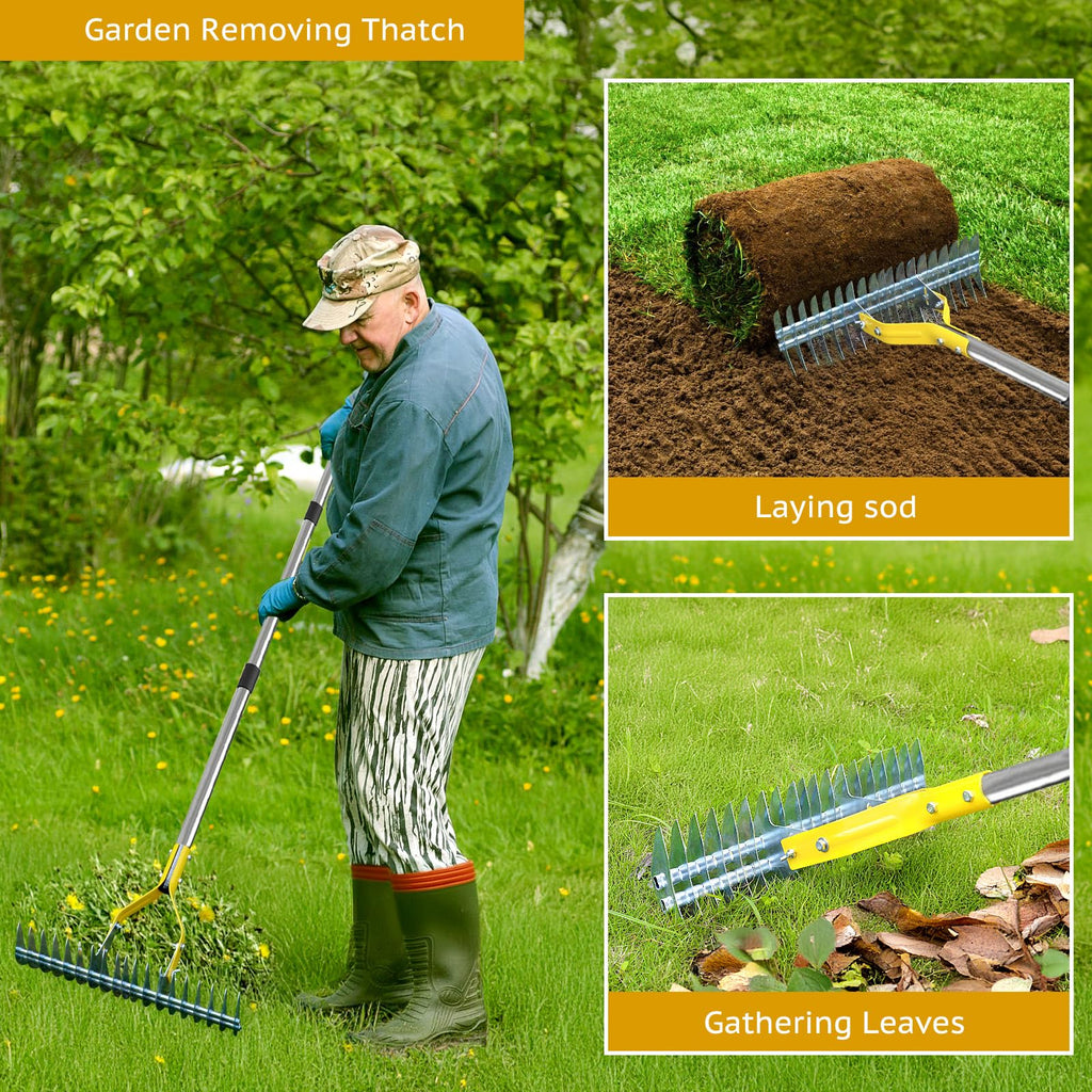 Thatch Rake, 15-Inch Steel Lawn Dethatcher with Handle, Heavy Duty Grass Cleaning Tool for Dead Grass and Soil Loosening, Versatile Yard and Garden Grooming (Black+Metallic Silver)