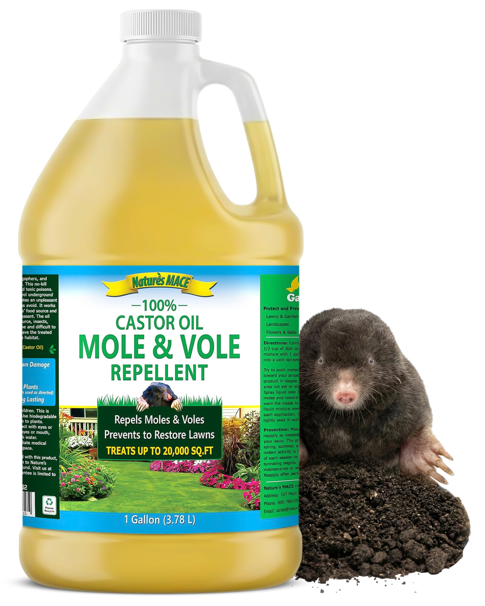 Nature's MACE Mole and Vole Mace, Mole Deterrent for Yard, 1 Gallon, 100% Pure Castor Oil, Lawns, Mole Repellent, Stop Tunneling, Mole Remover Treatment, Castor Oil Repellent, People, Pet, Plant Safe