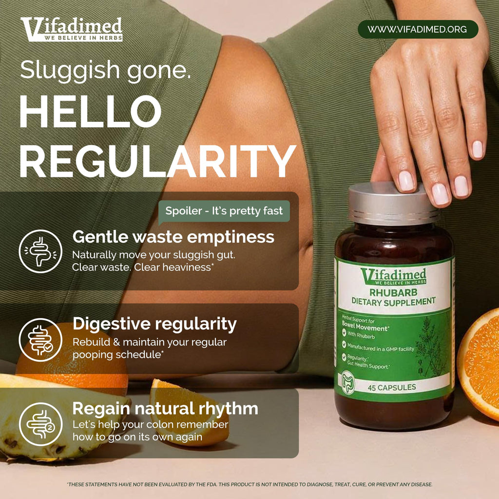 VIFADIMED Rhubarb, Bowel Movement & Constipation Relief, Prokinetics Gut Motility Activator, Regularity, Gong Today,Poop Pills.45 Capsules