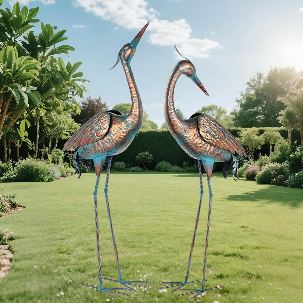 chisheen Garden Crane Statues Blue Heron Metal Yard Art Outdoor Decoration,Large Sculptures for Lawn Patio Porch,39-44 inch,Set of 2