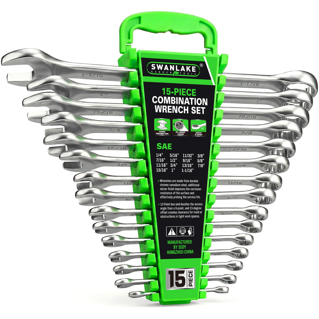 SWANLAKE 15-Piece SAE Wrench Set, V Notch Premium Combination Wrenchs Set, SAE 1/4" to 1-1/16", Max Torque, 12-Point, Chrome Vanadium Steel, with Storage Rack