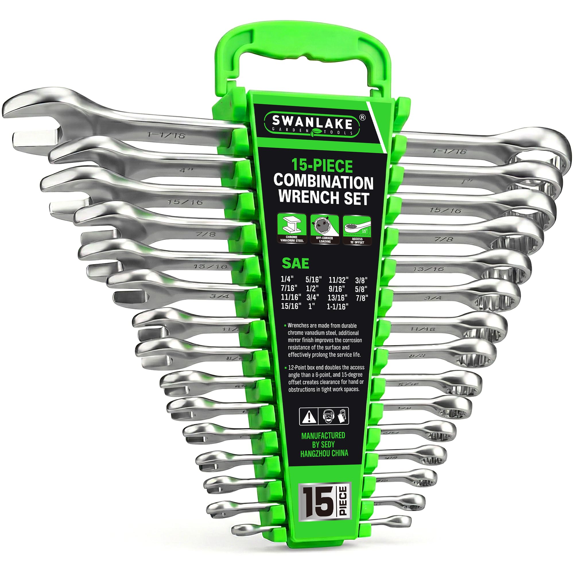 SWANLAKE 15-Piece SAE Wrench Set, V Notch Premium Combination Wrenchs Set, SAE 1/4" to 1-1/16", Max Torque, 12-Point, Chrome Vanadium Steel, with Storage Rack