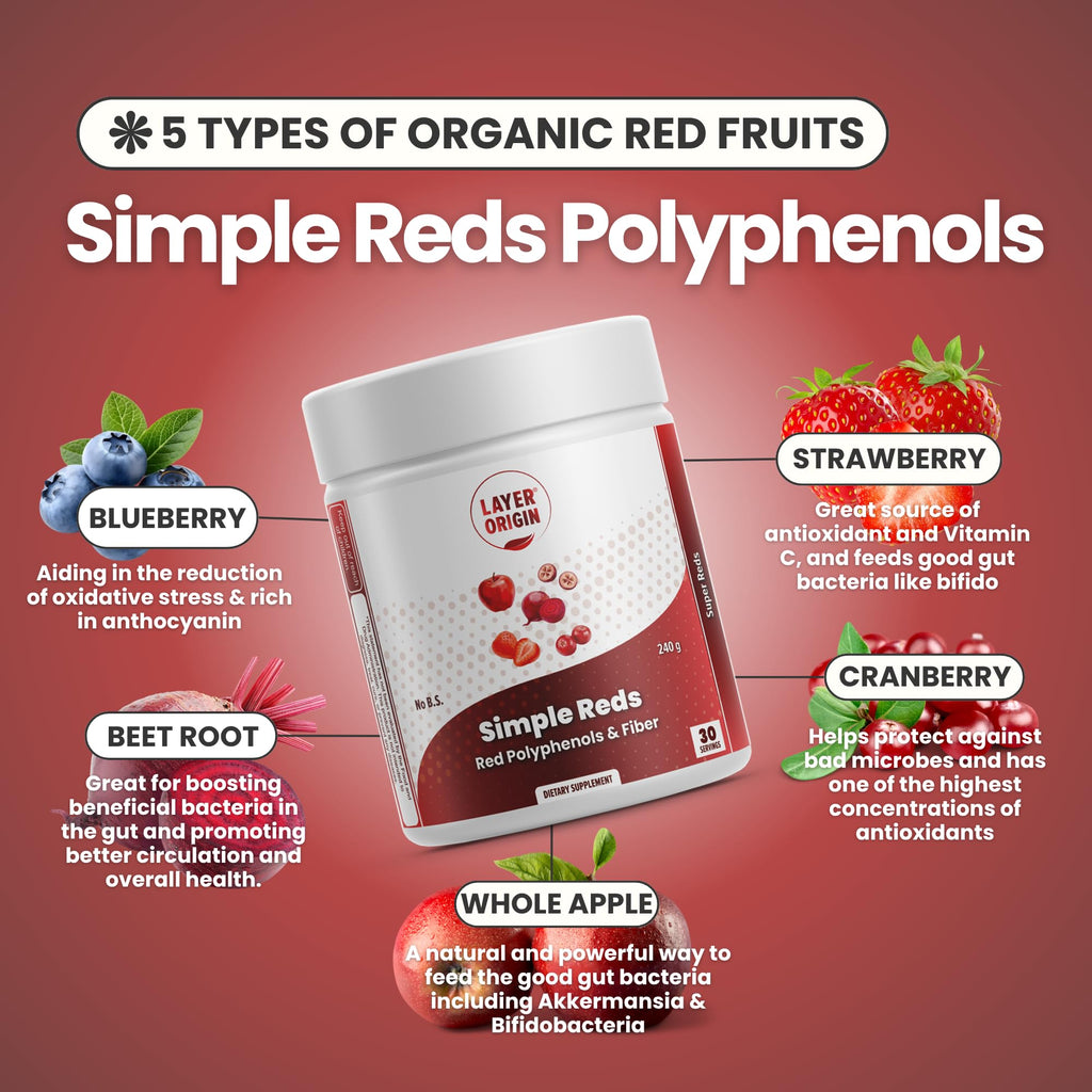 Layer Origin Simple Reds - Organic Red Polyphenols Whole Fruit Powder | Only Real Red Whole Fruits & Zero-fillers | 30 Servings
