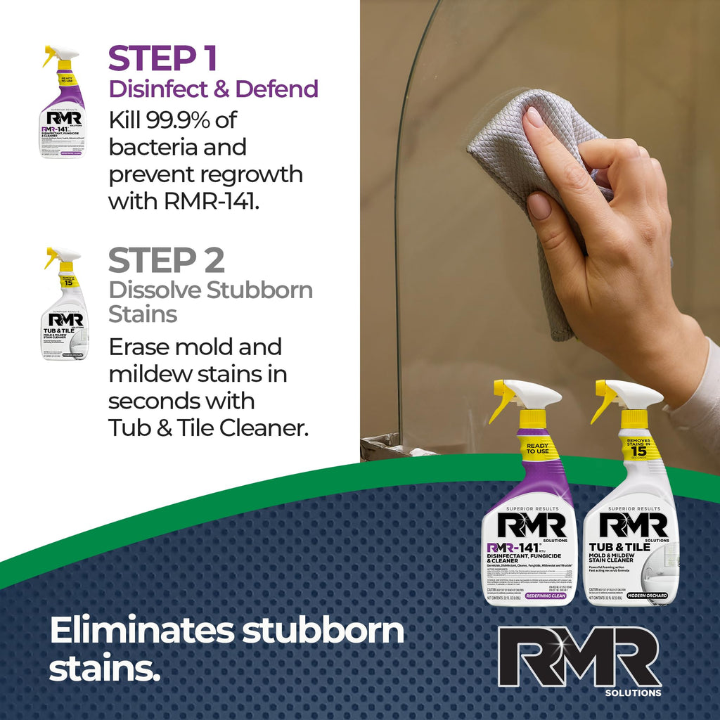 RMR Bathroom Brilliance Bundle – Tub & Tile Stain Spray + RMR-141 EPA Registered Mold & Mildew Remover, 2-Step Bathroom Cleaning & Disinfecting System for Showers, Sinks, Tile, Grout, 2–32 Oz Bottles
