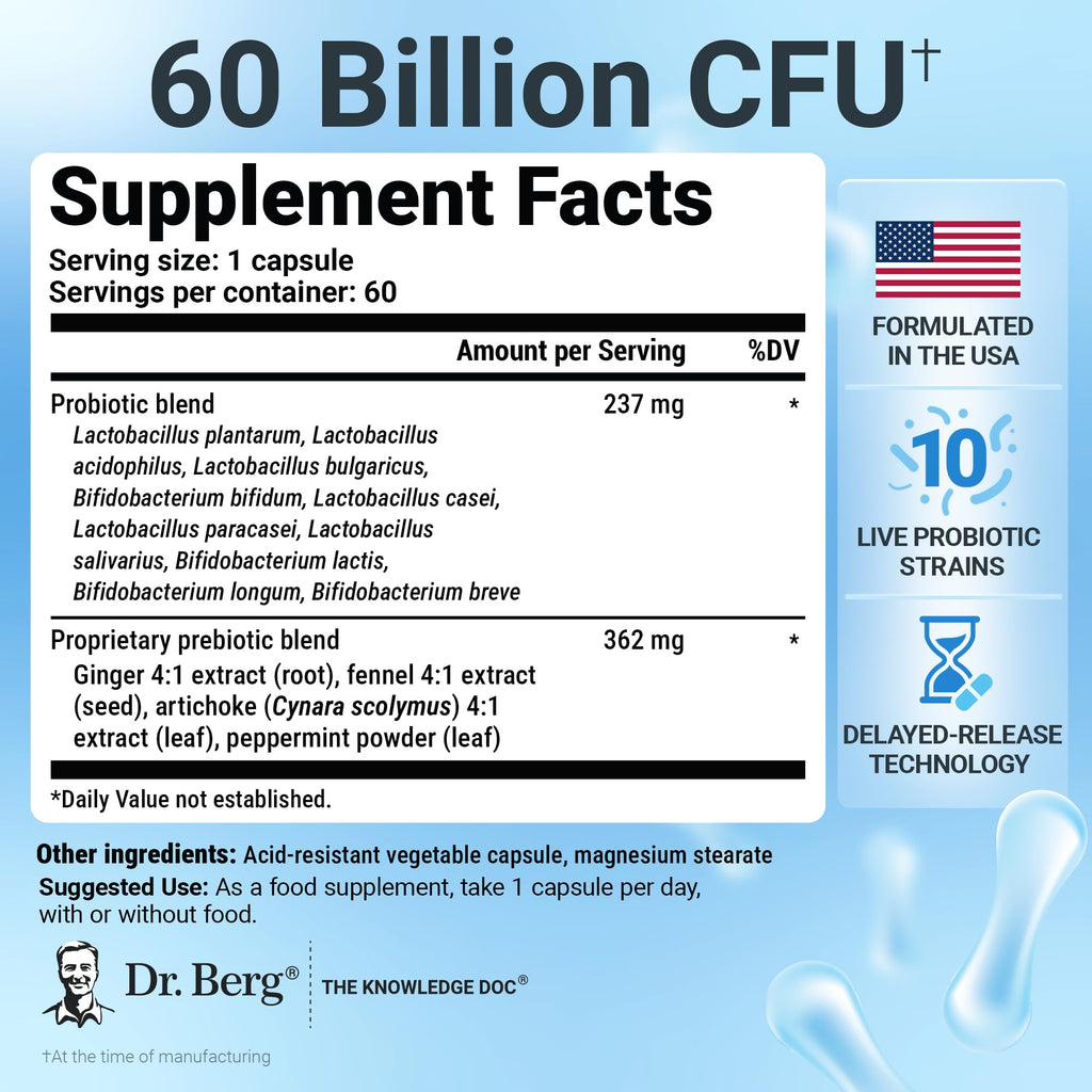 Dr. Berg Probiotic Supplement (60 Billion CFUs) - Helps Ease Occasional Constipation, Diarrhea, Gas & Bloating* - Pre and Probiotics for Digestive Health - 60 Probiotic Capsules