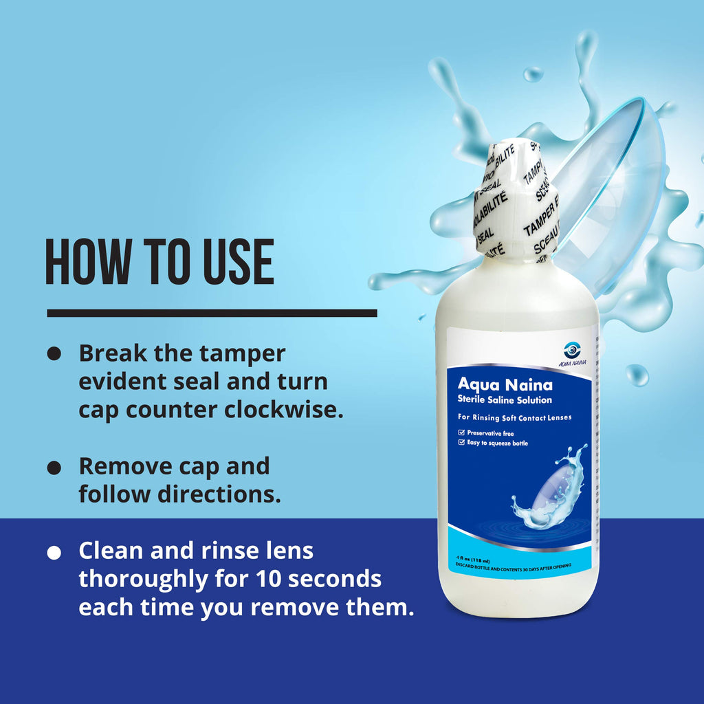 Oculus Curae Aqua Naina Saline Solution – Preservative-Free Sterile Rinse for Soft, Hard & Gas Permeable Contact Lenses – Unisol 4 Alternative – Travel-Friendly – 4X 4 fl oz Bottles