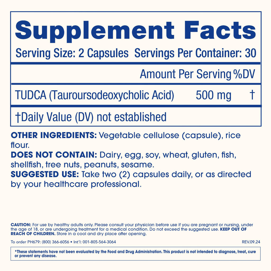 ProHealth Pure TUDCA | Clinically Studied | Third-Party Tested | 500 mg per Serving, 60 Capsules