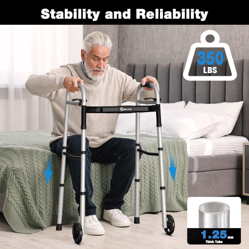 Narrow Folding Walkers for Seniors,Aluminum Lightweight Walkers with Wheels, Adjustable Width and Height Front Wheel Walker for Elderly and Disabled, Supports up to 350 lbs