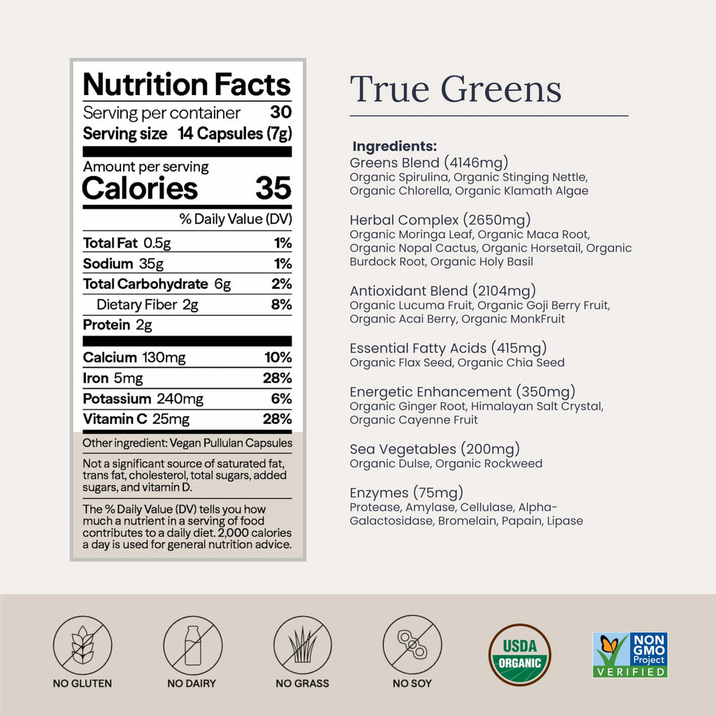 Infinity Greens Superfood Capsules, Blue Green Algae Based Capsules with 28 Organic Superfoods, No Fillers or Grasses, Energy & Longevity, Low Temp Dehydrated Greens (34 Servings)