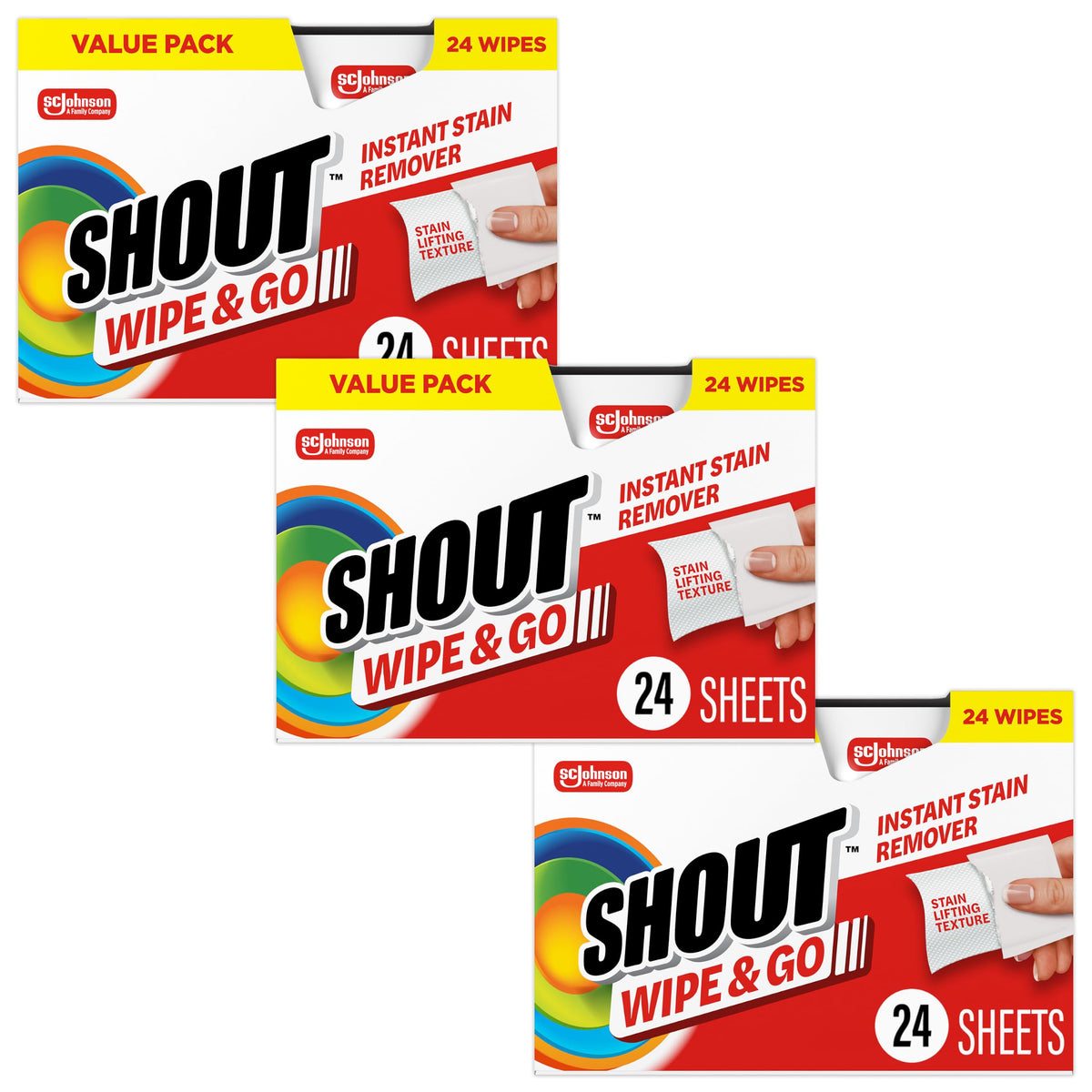 Shout Wipe & Go, Portable Instant Stain Remover Wipes, 24 Count, (3 Pack)