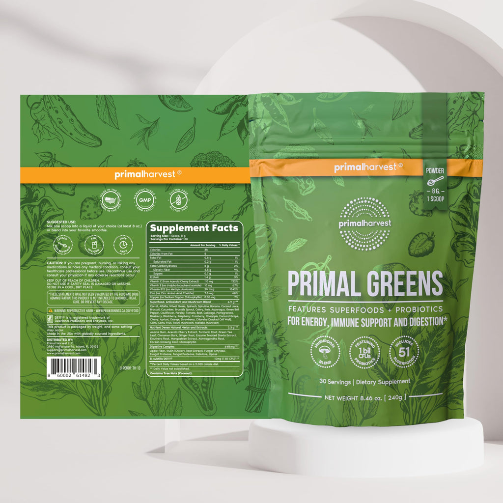 Primal Harvest Primal Greens Powder, 30 Servings Once Daily Supergeens Nutritional Supplement with Spirulina, Mushroom Blend & Probiotics to Support Energy, Wellness, & Digestion 2 Pack