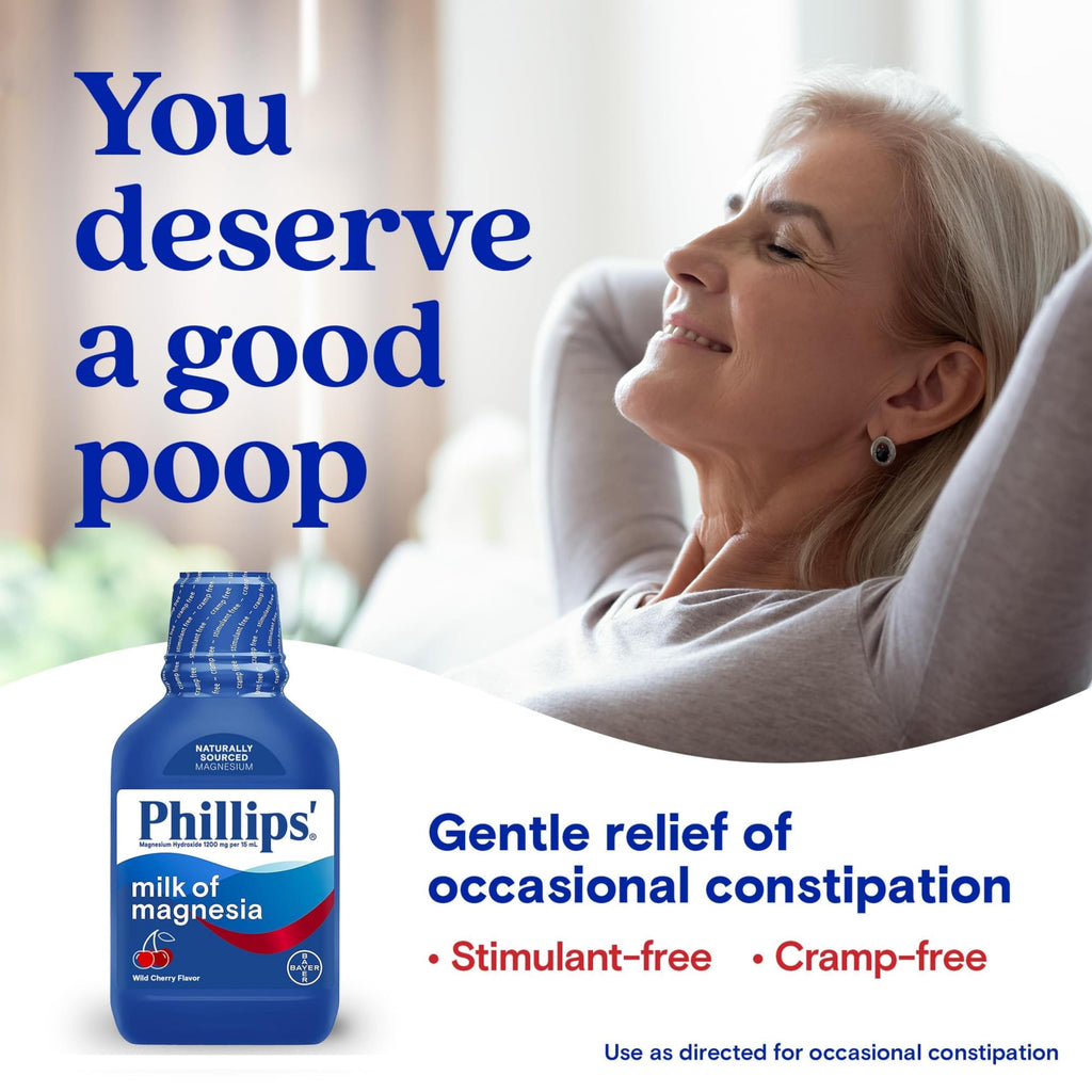 Phillips’ Milk of Magnesia Liquid Laxative, Wild Cherry Flavor, Stimulant Free, Cramp Free Relief of Occasional Constipation*, Effective in 30 minutes - 6 hours, #1 Milk of Magnesia Brand, 26 oz