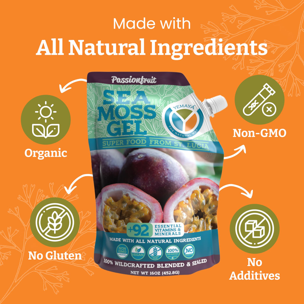Yemayá Organic Sea Moss Gel Organic Raw | Wildcrafted Sea Moss Gel Enhanced with Real Fruit, Boost Immunity, Energy, Digestion, Hair, Skin & Nails - 16 oz, Passionfruit Flavor