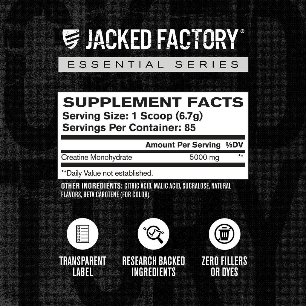 Jacked Factory Creatine Monohydrate Powder 425g - 5g Daily Creatine Supplement for Men and Women, Vegan-Friendly, Third-Party Tested - 85 Servings, Peach Mango