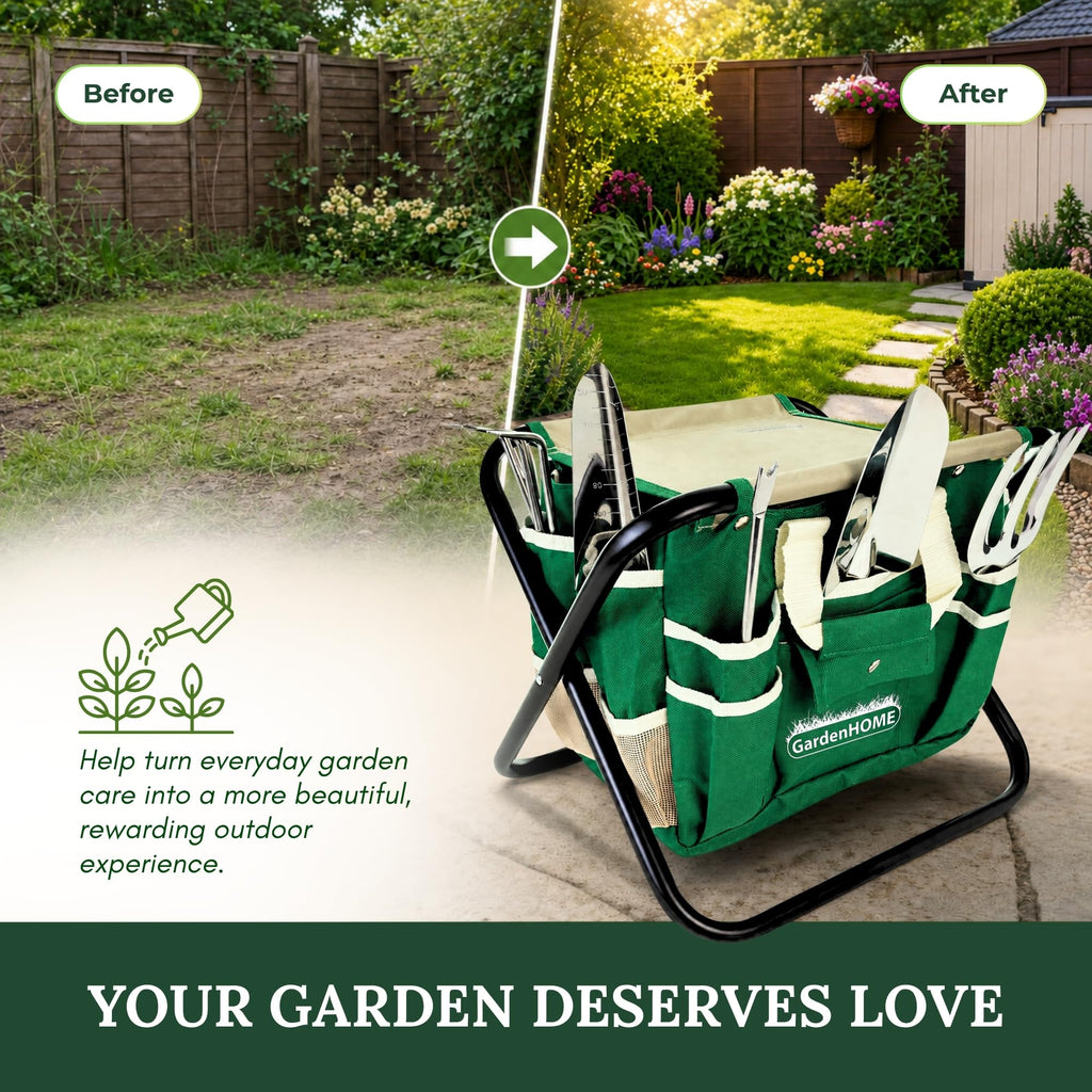 GardenHOME 7-Piece Gardening Tool Set with Folding Stool and Storage Tote Bag, Stainless Steel Garden Tools with Wooden Handles, Garden Kit for Planting, Weeding, Pruning, Yard Work, Gardening Gifts