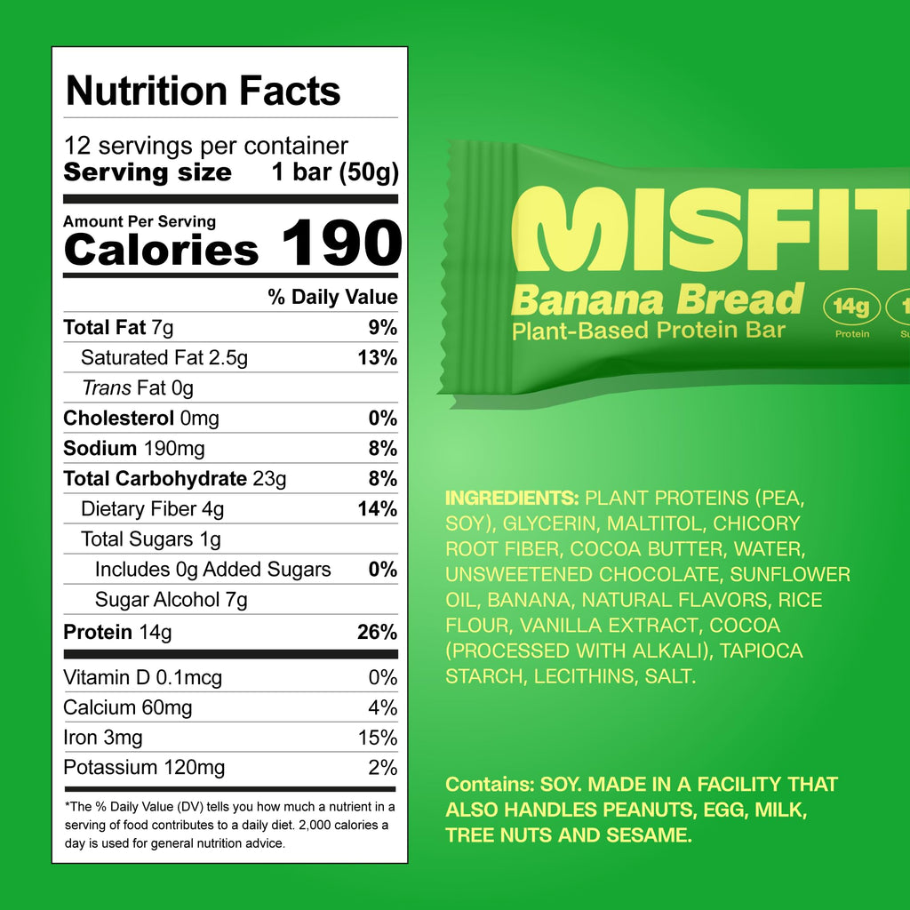 Misfits Vegan Protein Bars - Banana Bread | Nutrition Bars - 14g Protein, 1g Sugar, Plant-based, Low Carb, Non-GMO, Gluten Free Snacks | Pack of 12