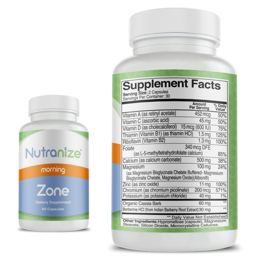 Nutranize Zone Twin-Pack Supplement System - Pharmacist-Designed Morning & Bedtime Capsules with Magnesium Glycinate, Vitamin D3, K2 MK7, Methylfolate, Chromium, Melatonin - 30 Day Supply (120 Count)