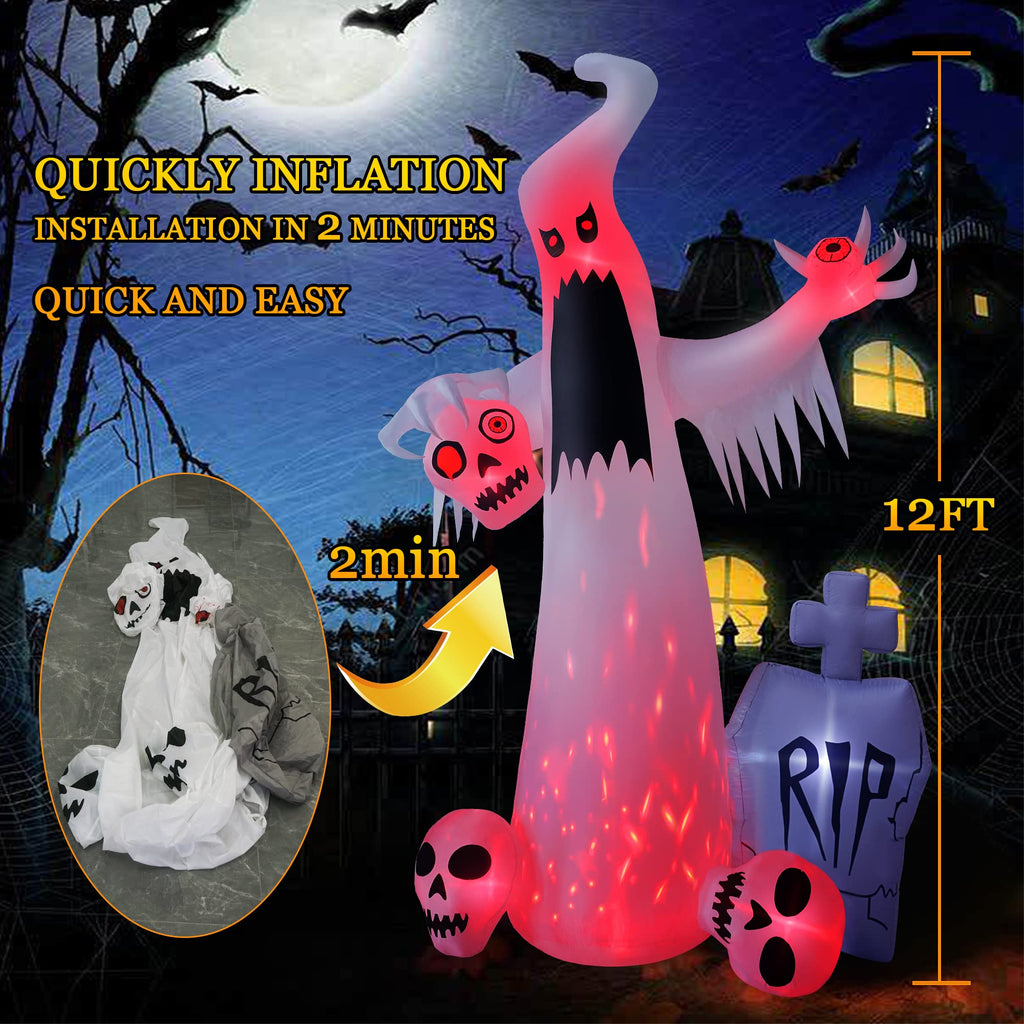 HOPOCO 12 FT Halloween Inflatables Outdoor Decorations Ghost with 3 Skulls