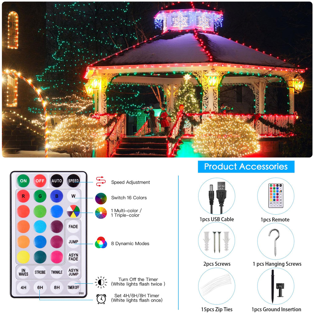 Solar String Lights Outdoor Waterproof 40Ft Color Changing with Remote