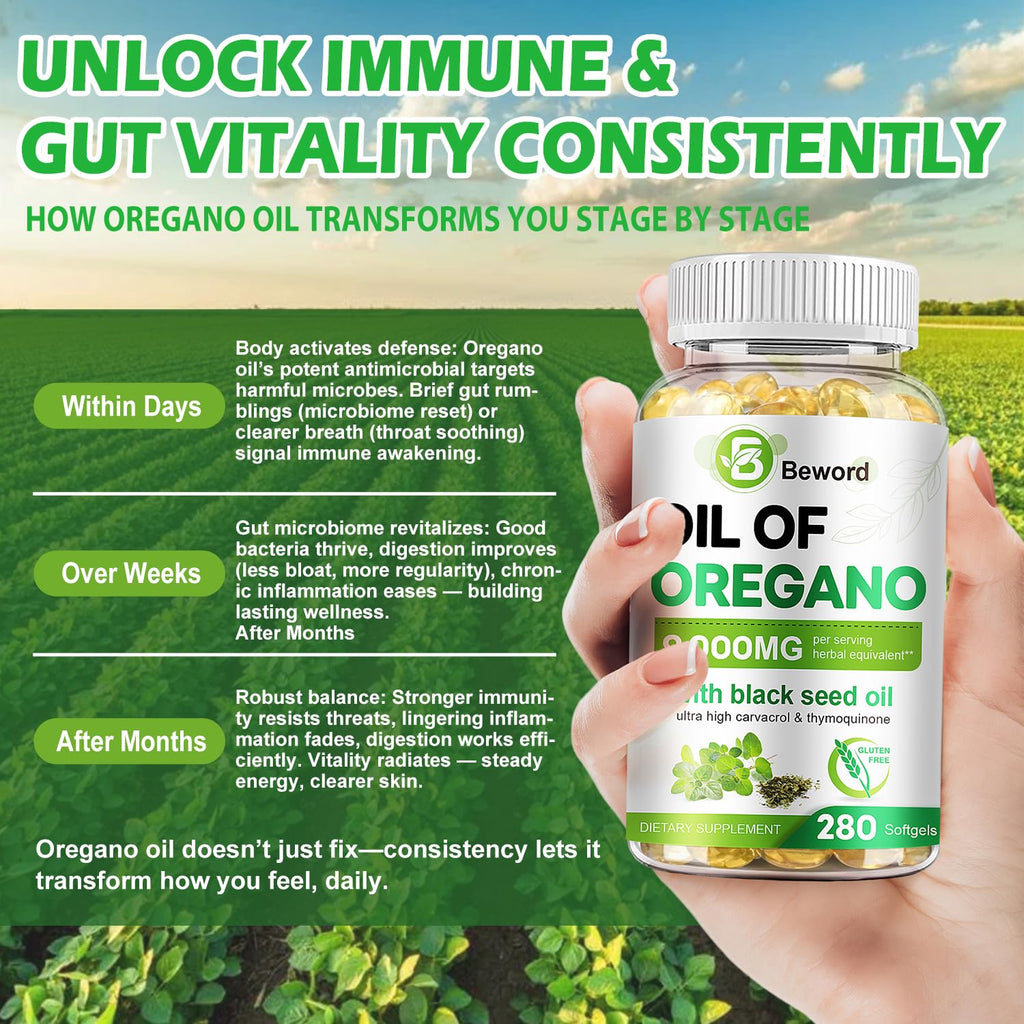 BEWORD Oil of Oregano with Black Seed Oil, 90/280/560/840 Softgels, 9000mg Per Serving – 2-in-1 Oregano Supplement for Immune Health with High Carvacrol & Thymoquinone | Plant-Based, Non-GMO