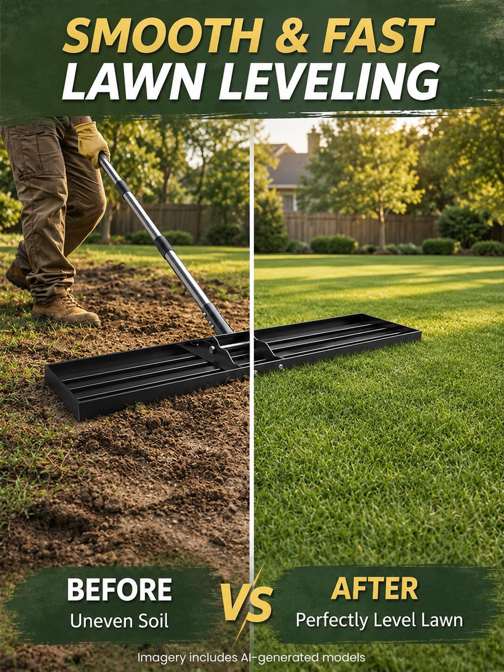 30x10 inch Lawn Leveling Rake, Yumatum 72" Heavy Duty Lawn Leveler Tool, Stainless Steel Handle Lawn Leveler for Yard Golf Pasture Garden, Professional Lawn Care Landscape Rake