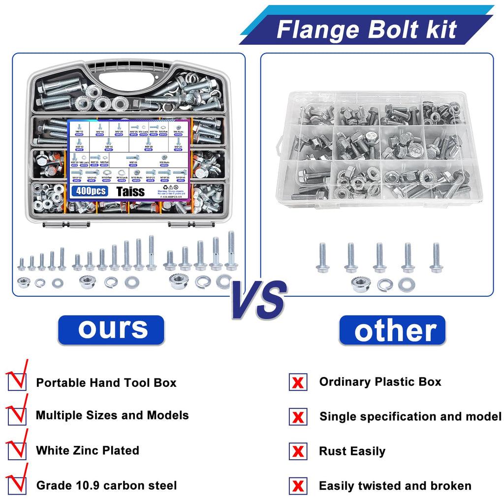 Taiss 400PCS Metric Flange Bolt Assortment kit,10.9 Grade M6x1.0/M8x1.25/M10x1.5 Bolt(12mm to 45mm) White zinc Plating Hex Metric Bolts and Nuts Washers,Nuts and Bolts Assortment kit (White)