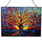 HYPESTYLE Rectangle Tree of Life Stained Glass Window Hanging Window Suncatcher Glass Panel with Metal Chain Sun Catchers Wall Art Home Decor Gift for Women Mother's Day