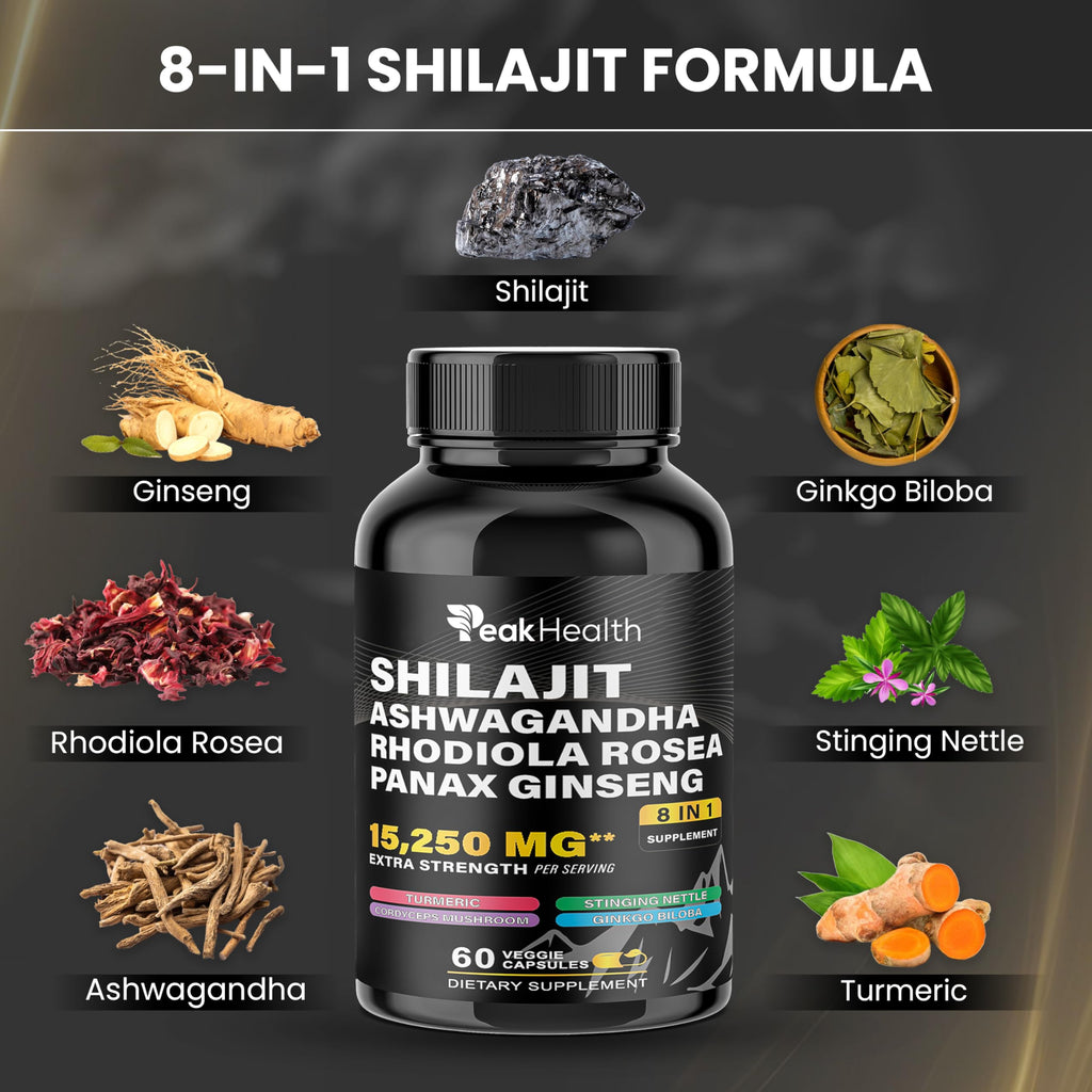 Peakhealth Shilajit Sea Moss Black Seed Oil Ashwagandha Capsules for Man Woman,2 Bottle Combo with Turmeric, Panax Ginseng, Rhodiola,19,445mg Herbal Formula,Energy & Immune Support, 60 Capsules